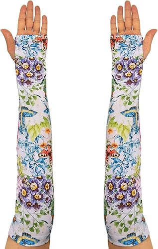 Miniatura 2 de MKYSZLT Mangas de jardinería con protección solar UV para mujeres y hombres con agujeros para el pulgar, patrón floral, mangas protectoras para