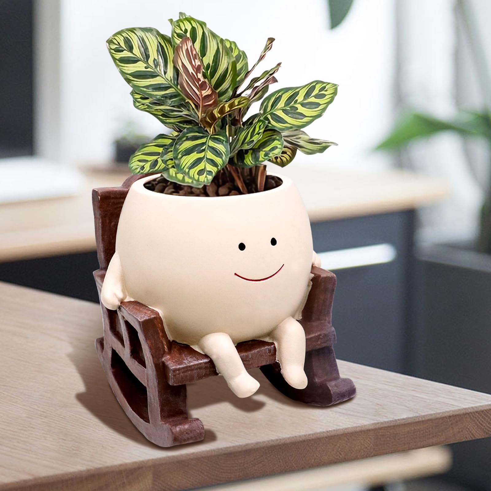 LAUGOKOBE Smile Face Rocking Chair Planter Pot for Indoor Outdoor Plants, Unique Sit Rocking Chair Succulent Flower Pots, ...
