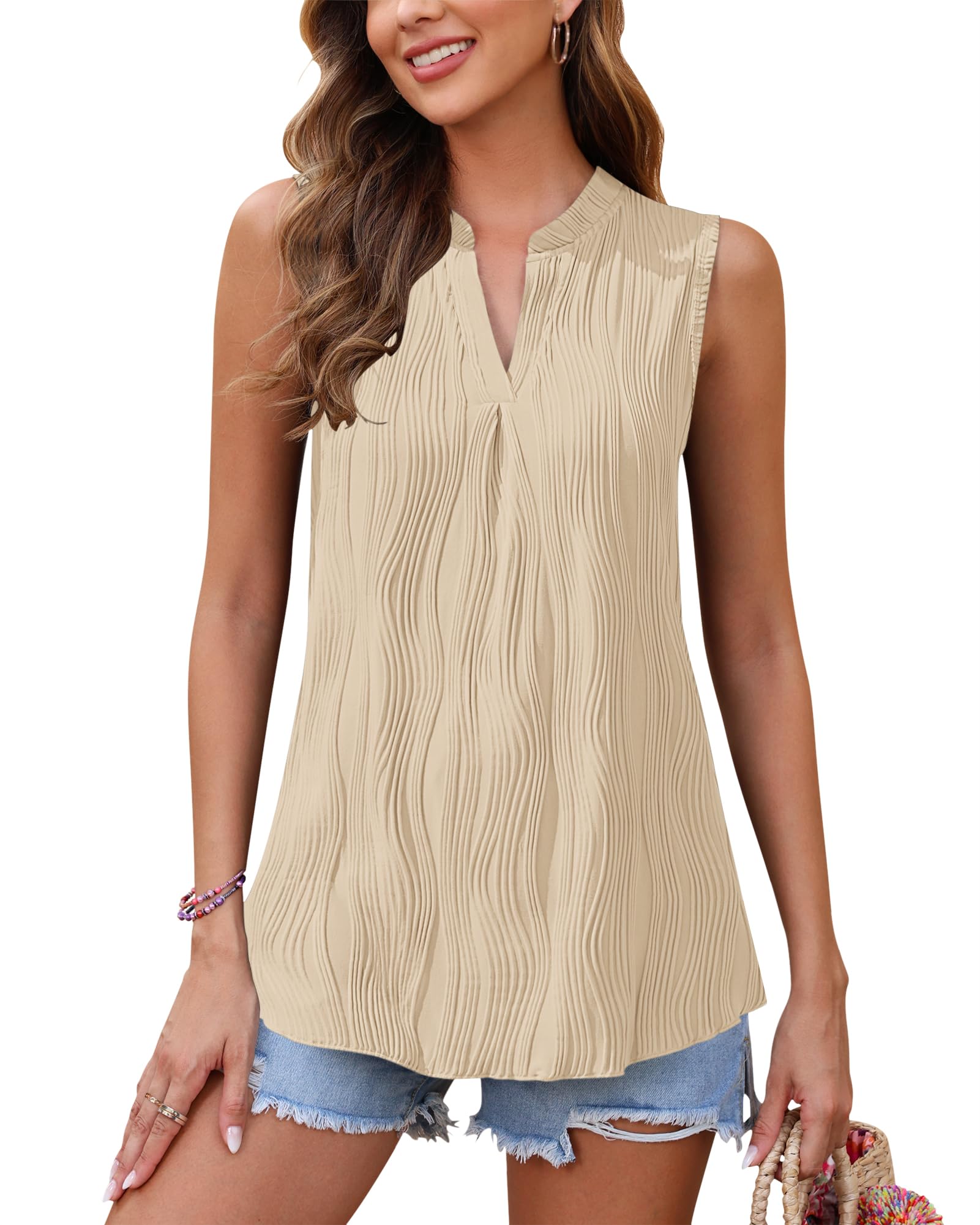 WNEEDU Womens Summer Tank Tops Ladies Pleated Sleeveless V Neck Tops Casual Textured Shirts 2025