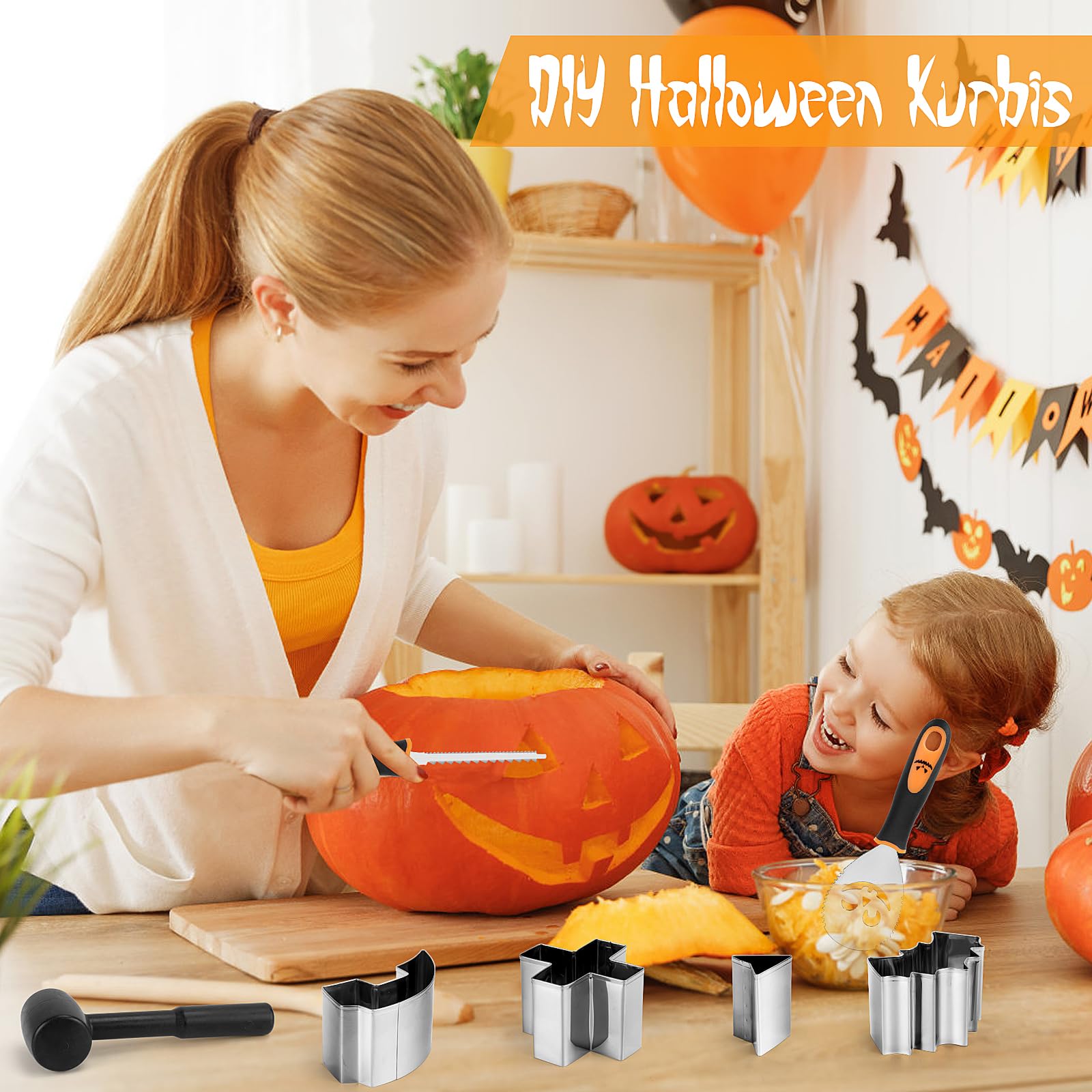 Meetory Juego de 13 piezas para tallar calabaza de Halloween, herramienta de tallado de calabaza de acero inoxidable con plantillas, kit de tallado de calabaza para niños y familiares