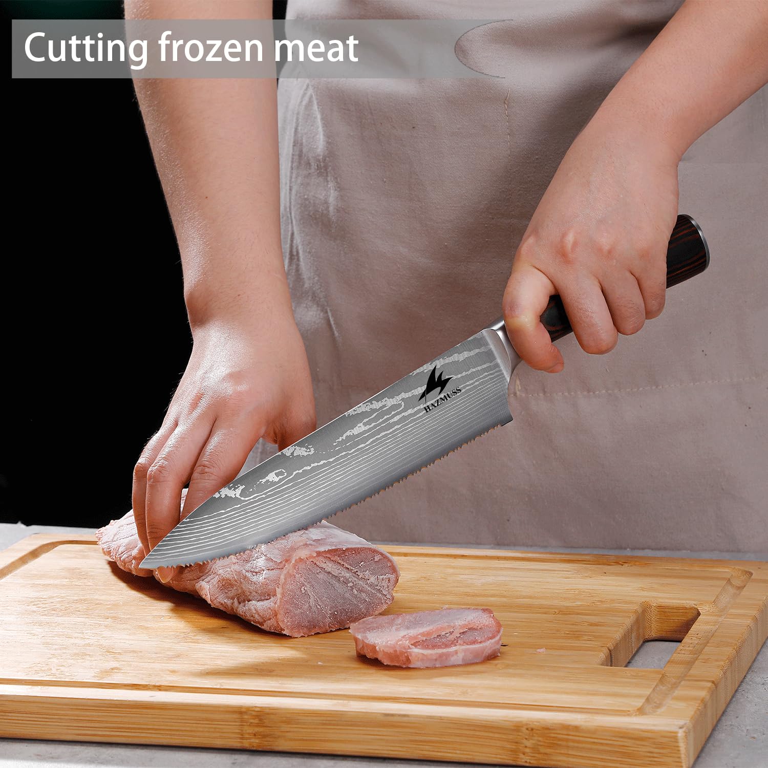 Coltello da Chef Seghettato 20,5 cm – Acciaio Inox ad Alto Carbonio, Manico in Legno Ergonomico – Ideale per Alimenti Congelati, Pane e Carne