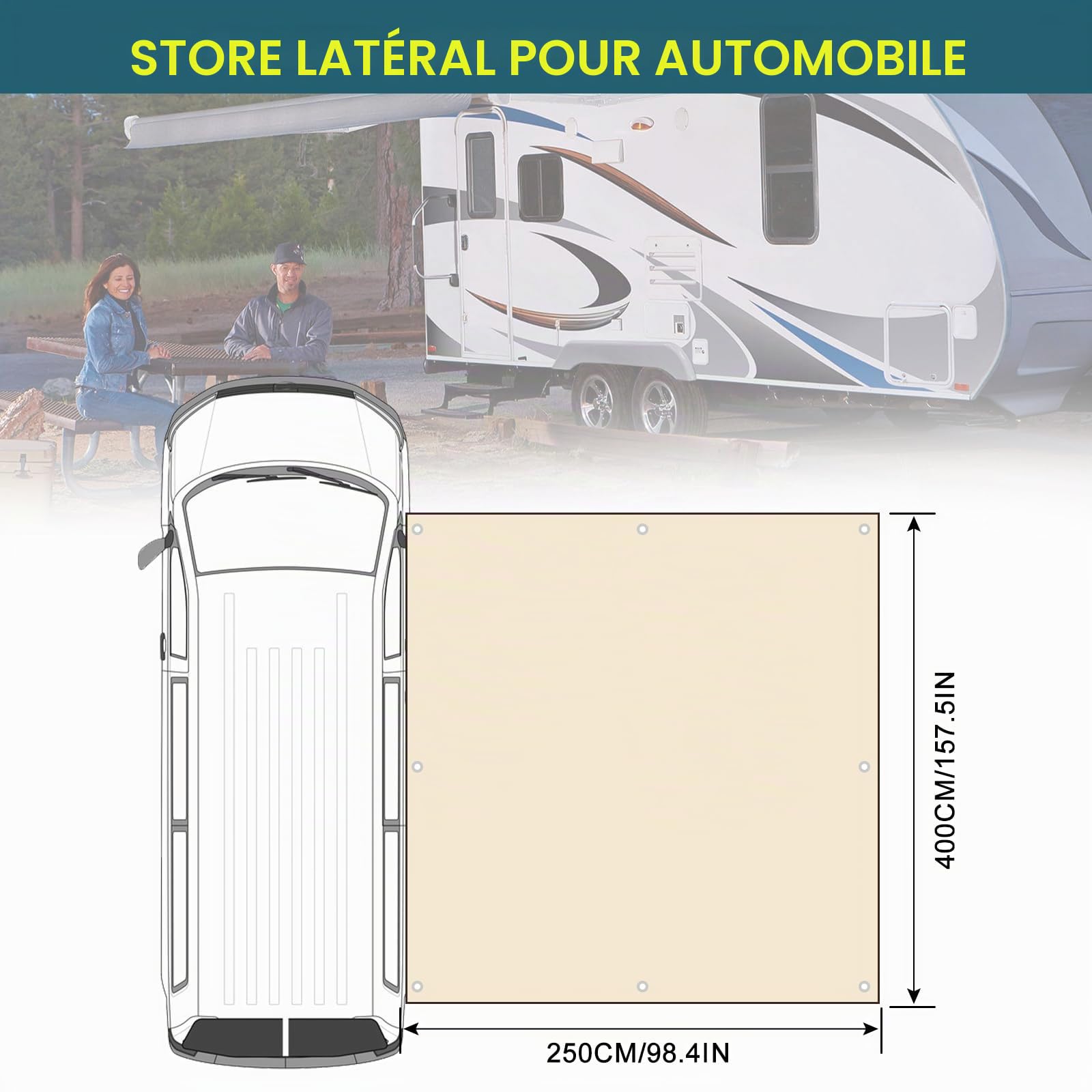 Auvent pour Remorque et Camping-Car, auvent de 2,5m x 4m pour Caravane avec haubans, poteaux de Soutien et piquets, adapté aux Rails d'auvent de 4,3/6,2/7 mm