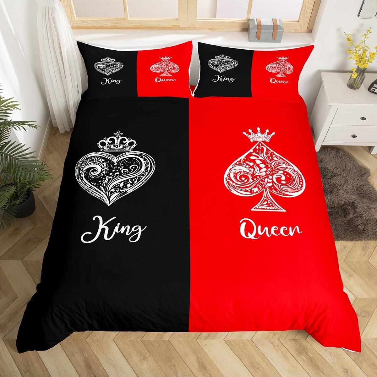 Erosebridal Couples Bedding Set Queen Size,King and Queen Crown Duvet Cover for Couple Bedroom Decor,Red and Black Patchwork Bed Set,Valentines Anniversary Quilt Cover 2 Pillowcases (No Comforter)