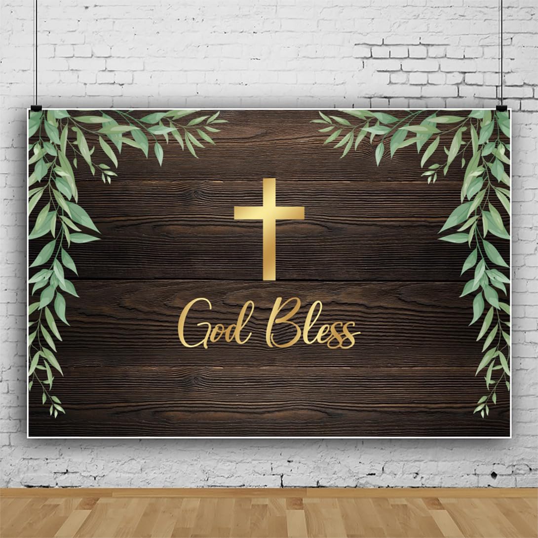 7x5ft God Bless Baptism Backdrop Brown Wood Green Leaves First Holy Communion Christening Party Banner Decor Gold Cross Baby Shower Background Cake Table Photo Booth PropsVinyl