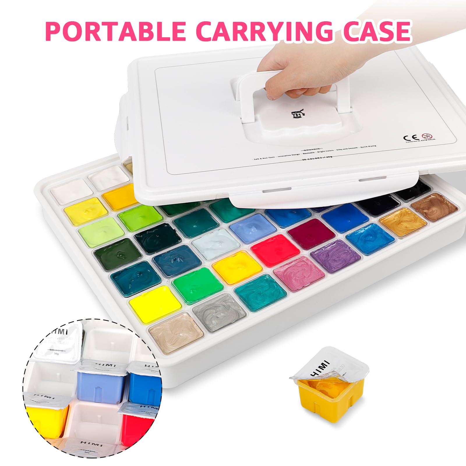 HIMI Gouache Paint Set, 56 Colors x 30ml/1oz, Contains Metallic and Fluorescent Colors, Jelly Cup Design, Non-Toxic, Guache Paint for Canvas and Watercolor Paper - Perfect for Beginners, Students - Image 5