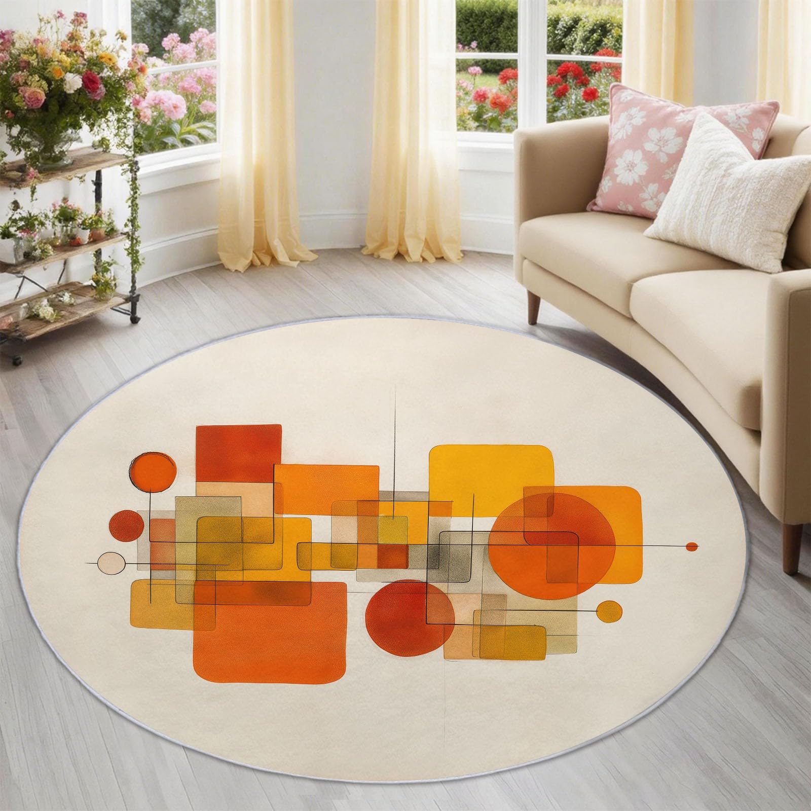 Abstrakt Farbblöcke Runder Teppich rutschfest 120 cm für Esszimmer & Flur, Beige für Esszimmer & Flur, Mid-Century Geometrisch Linien Weicher Kurzflor Teppich Waschbar Pflegeleicht