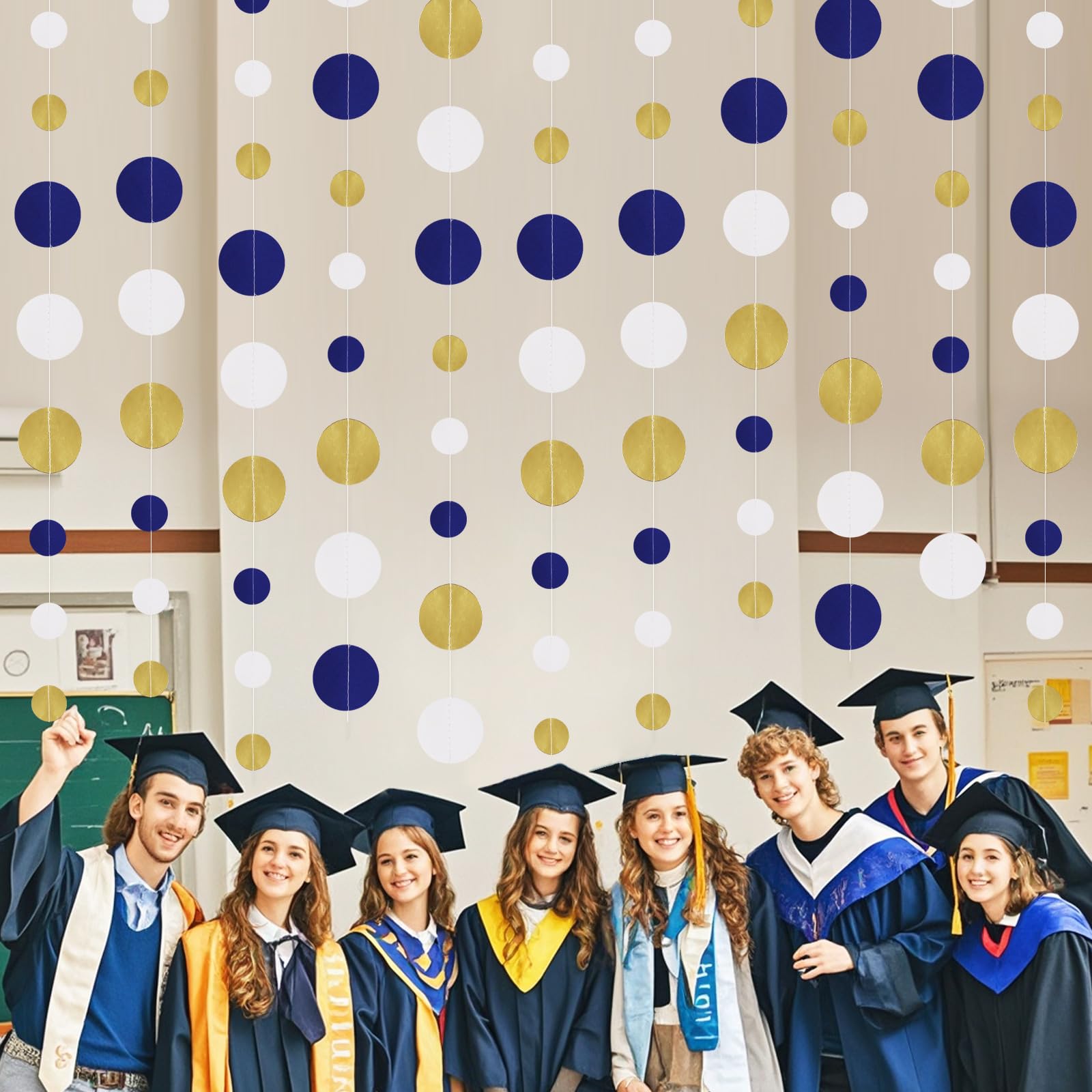 15,8 m, marineblau, weißgold, Party-Dekorationen, Kreise, Punkte, Girlande, Königsblau, Weiß, Gold, Punkte, Luftschlangen für Abschlussfeier, Geburtstag, Hochzeit, Brautparty, Babyparty,
