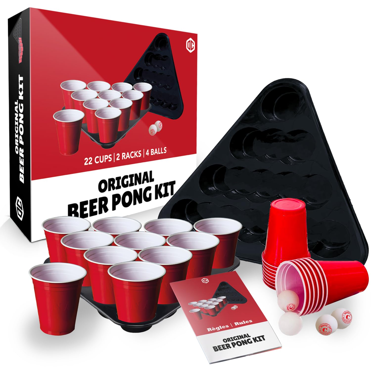 Originale Birra Pong Kit Ufficiale® | Confezione Completa di Birra Pong Ufficiale | 22 Coppe Rosso | 2 Pitch Rack | 4 Palle | Regole Ufficiali | Gioco di Bere | OriginalCup®