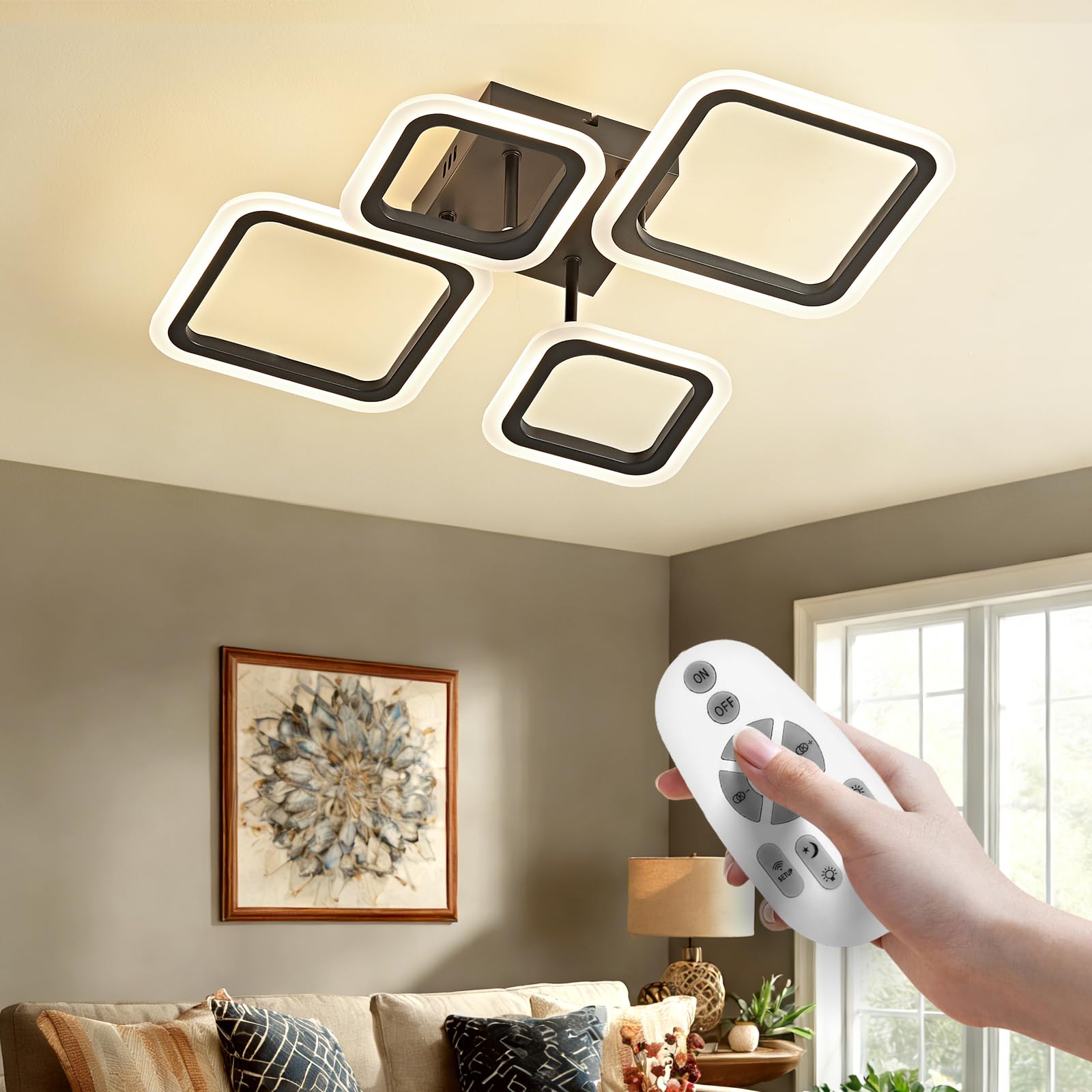 OKELI Lampade da Soffitto LED Moderne, Dimmerabili, in Acrilico, con 4 Anelli Quadrati e Telecomando, Plafoniera Nera da 24 W Ideale per Camera da Letto, Soggiorno e Sala da Pranzo.