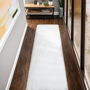 White Fluffy Faux Rabbit Fuzzy Fur Rug for Living Room Machine Washable Shaggy 2x8 Runner Rug for Bedroom Nursery Rectangle Rugs