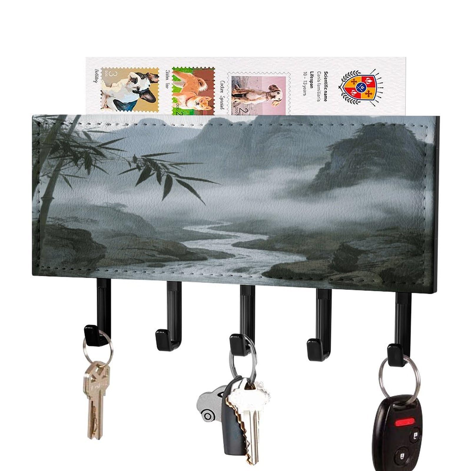 Fekiloot Black-Style Rainy And Misty Return Of The Boat Key Holder For Wall Decorative Mail Organizer With 5 Key Hook Self Adhesive Key Rack With Tray Coat Rack Wall Mount Key Hanger Decor For Entryway Door