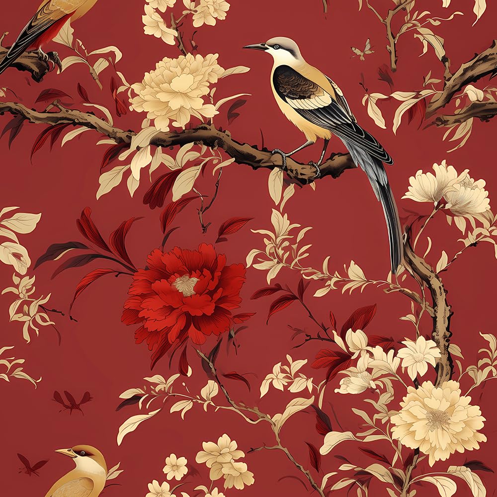 Redamancy Red Amancy Vintage Golden Peony Floral Bird Peel And Stick Wallpaper, Easy Peel Off For Nightstand Drawer, Renter-Friendly 17.7"X236"}