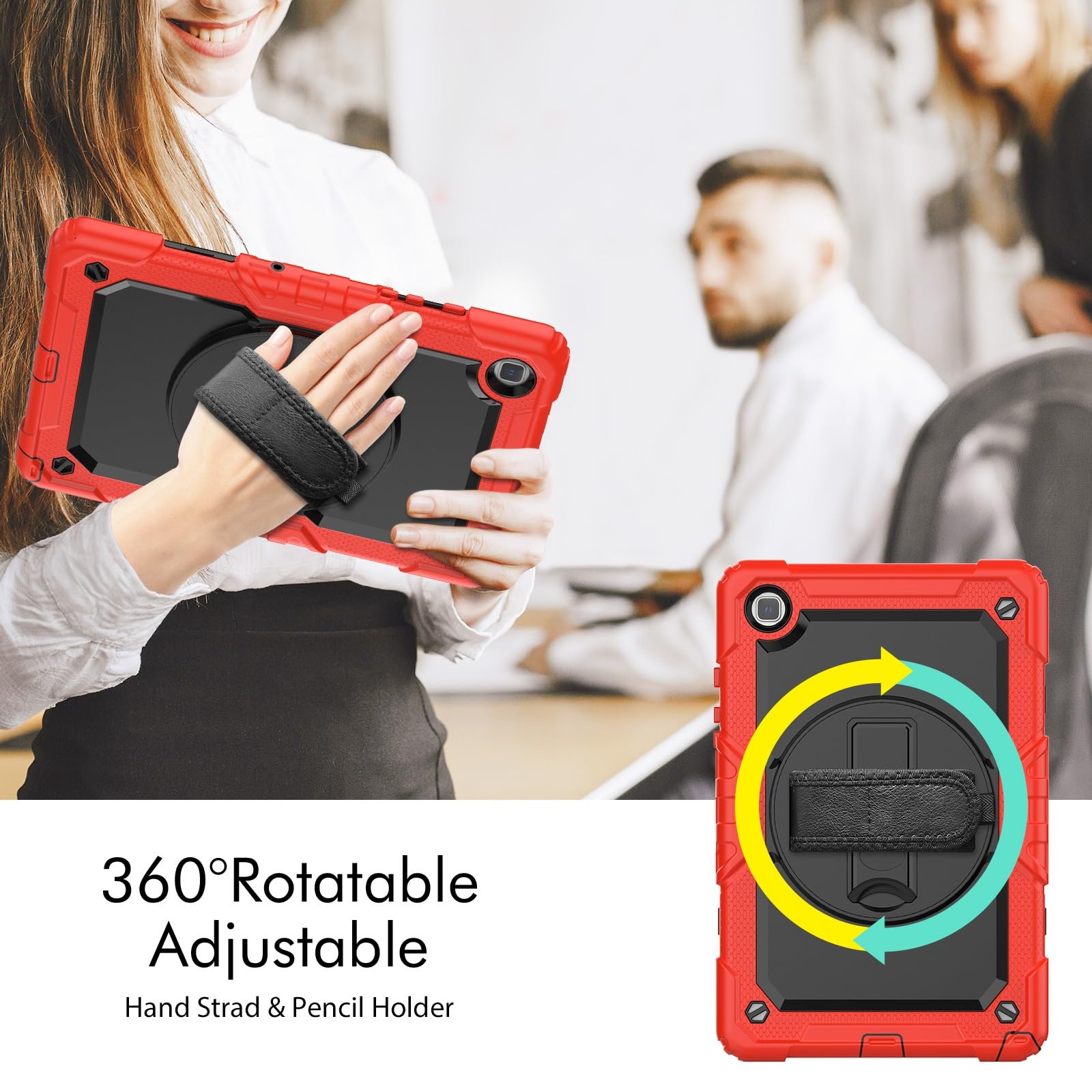 Kompatybilny z Samsung Galaxy Tab A7 10,4 cala SM-T500/T505 (2020) Etui folią ochronną ekranu, [podpórka] [pasek na ramię] Odporna wstrząsy wytrzymała obudowa 360° obrotowy pasek rękę i ramię(Rosso)