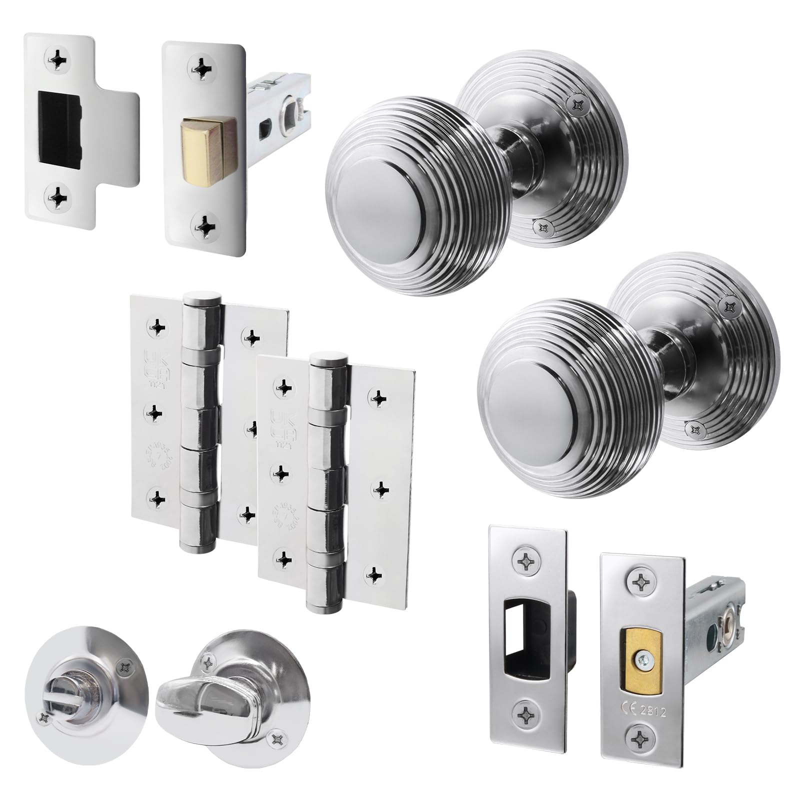 EAI Beehive Door Knob Set Polished Chrome | 1 Pair of Reeded Mortice Knobs (55mm), Latch & Deadbolt Kit (76mm), Hinges (76mm) & Turn & Release for Internal Doors