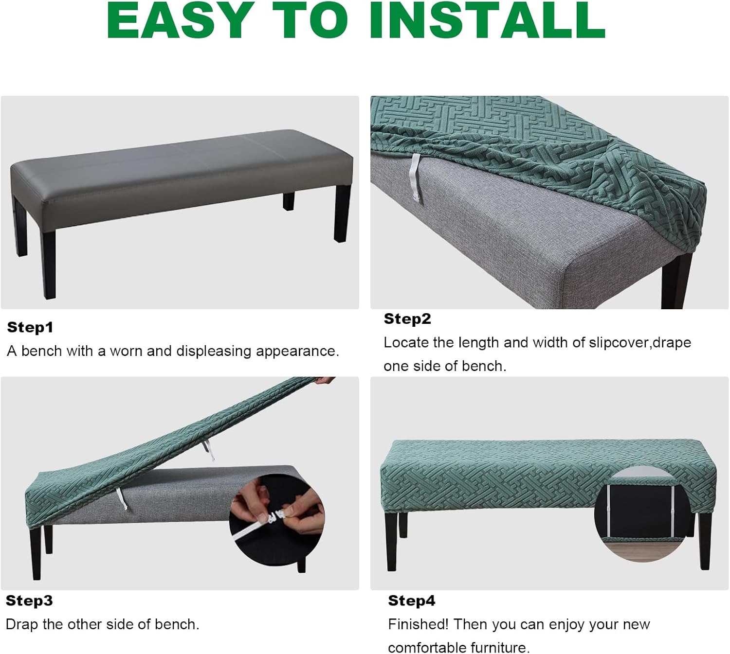 Dining Bench Covers and Stool Covers Rectangular Set of 4, Saddle Seat Cover Stretch Jacquard Bench Seat Protector Cover Bar Chairs Covers, Light Green