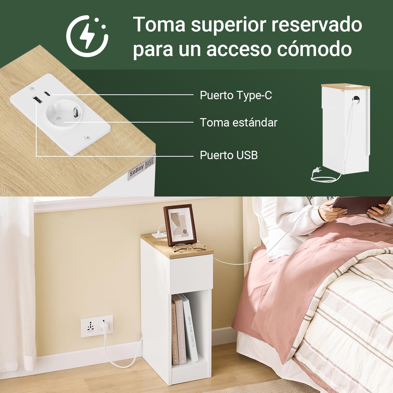SoBuy mesita de Noche 20cm con estación de Carga y rodapié, 20x35x60cm | Mesilla de Noche Mesa Auxiliar estrecha, ahorra espacio para dormitorio, sala de estar, espacios pequeños, Blanco FBT111-E-WN
