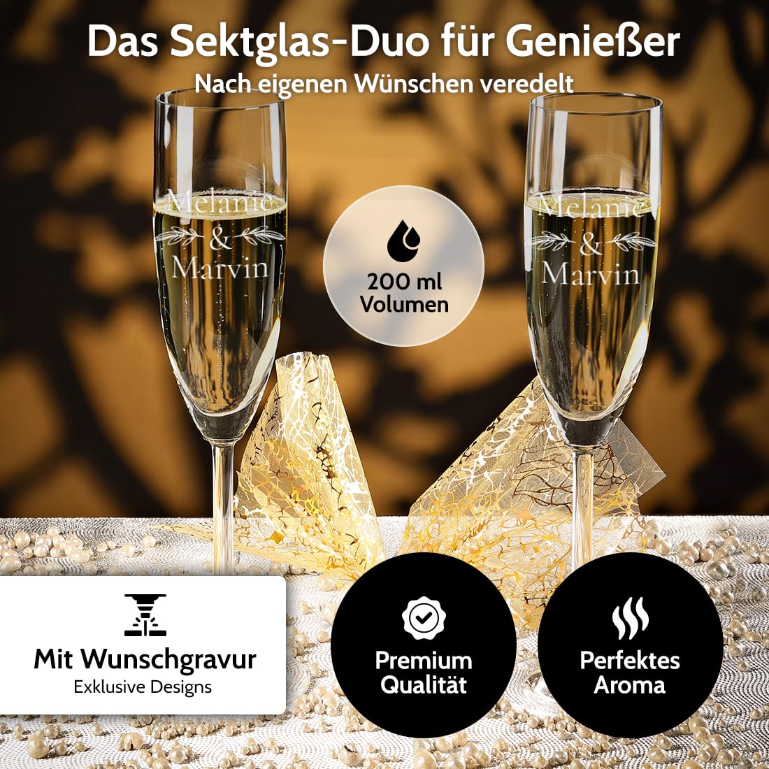polar-effekt Hochzeitsgeschenk 3-tlg Geschenkset Sektgläser 200 ml & Holzkiste - Geschenk zur Hochzeit & Verlobung - beinhaltet 2x Gläser & 1x Kiste aus Holz