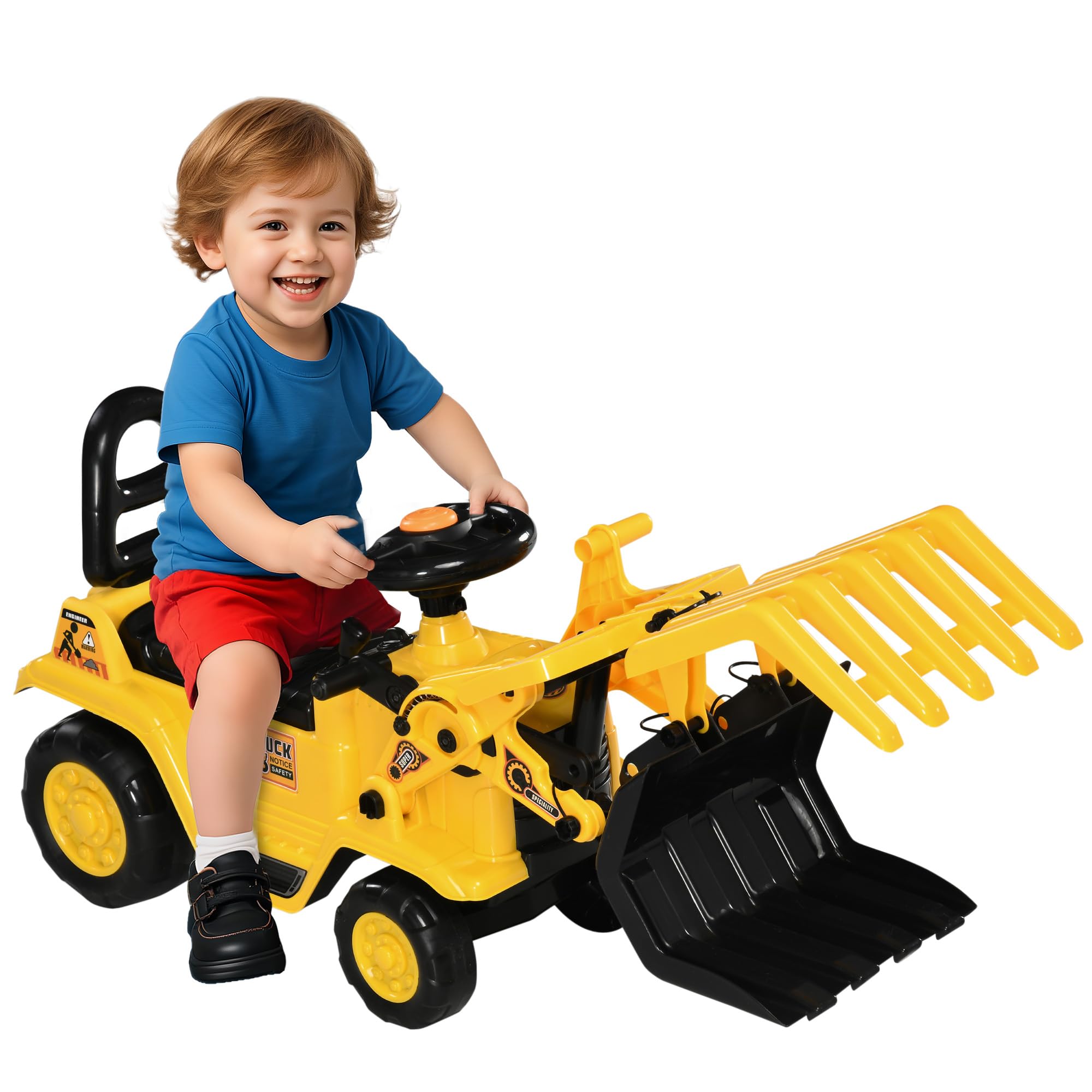Aosom Kids Ride on Excavator Pulling Cart with Sound Effects, No Power Digger Scooter Ride-on Toy Construction Vehicle for Toddler or Preschool Age with Under-Seat Storage, Treaded Wheels