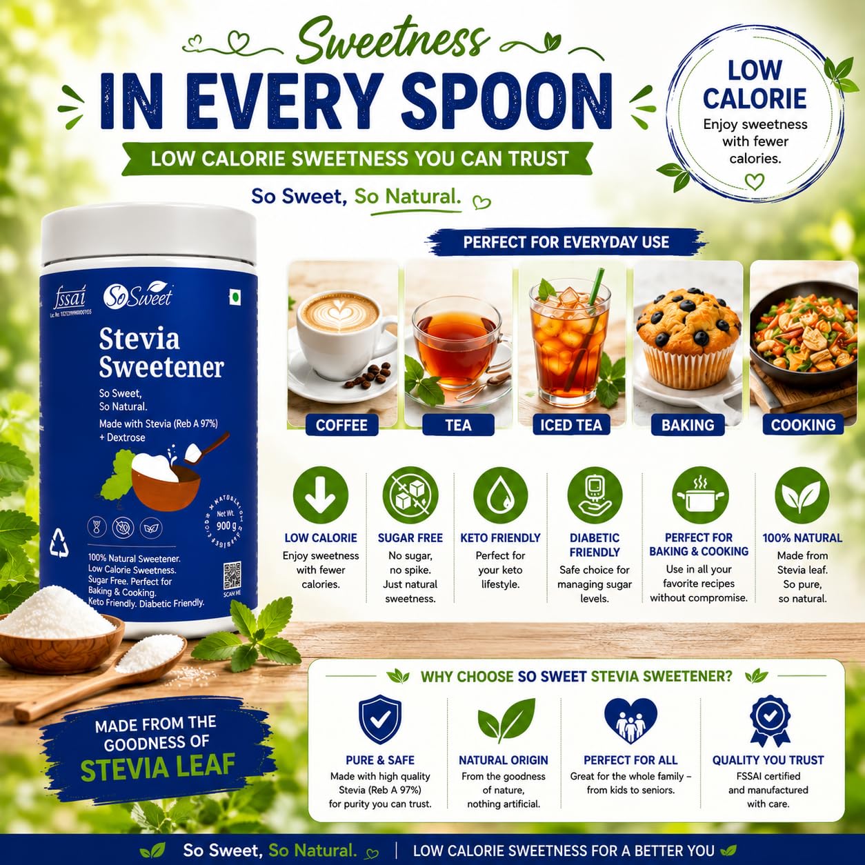 So Sweet Stevia Powder - 100% Natural, Sugar-Free, Low-Calorie Sweetener, 1800gm (Pack of 2, 900gm Each), Perfect for Diabetics, Keto Diets, Baking, and Cooking, Ideal for Healthy Lifestyles 3