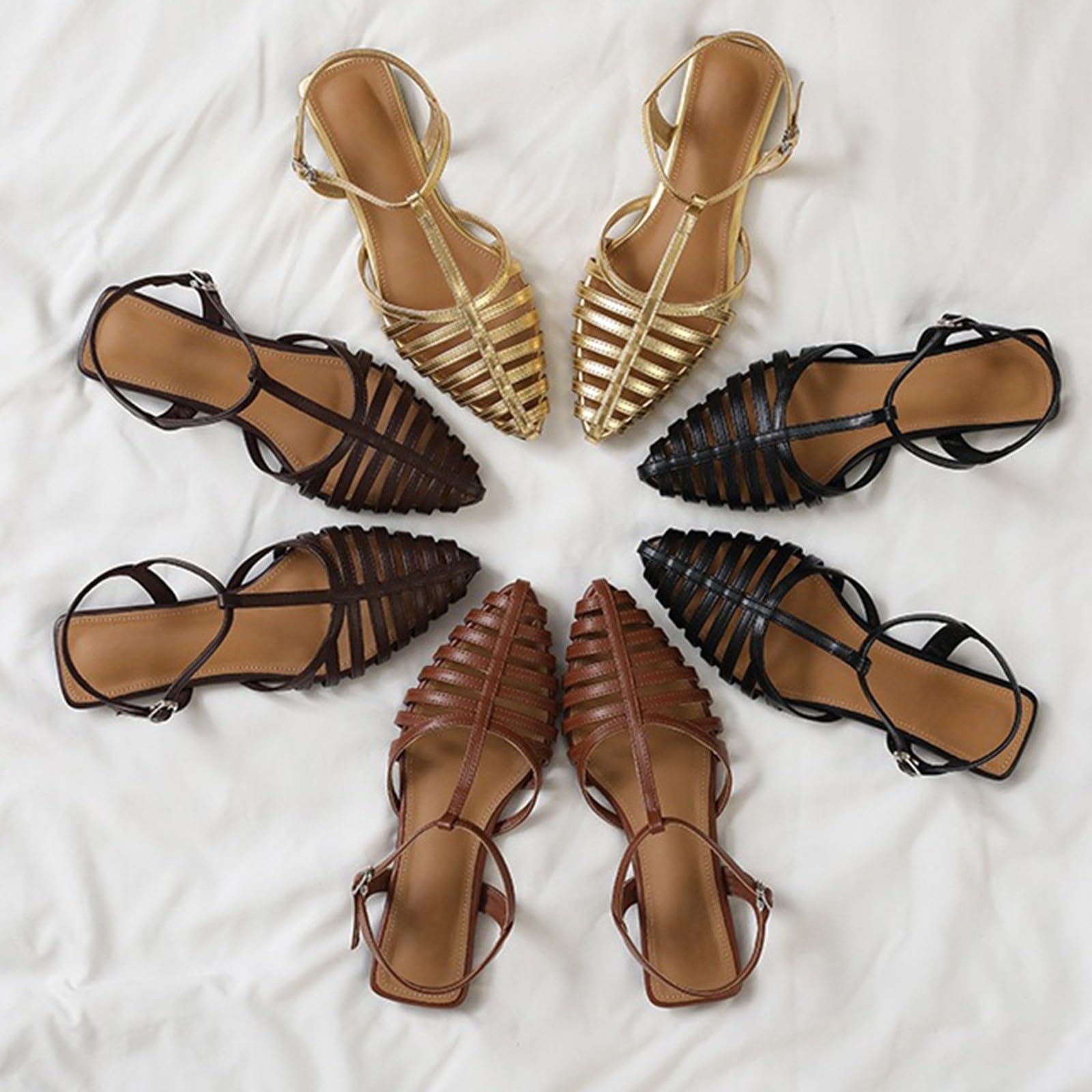 Damskie sandały retro klatka płaskie sandały T-Strap Hollow Out Gladiator buty vintage niski obcas letnie obuwie na plażę imprezę podróż, Brązowy, 39.5 EU