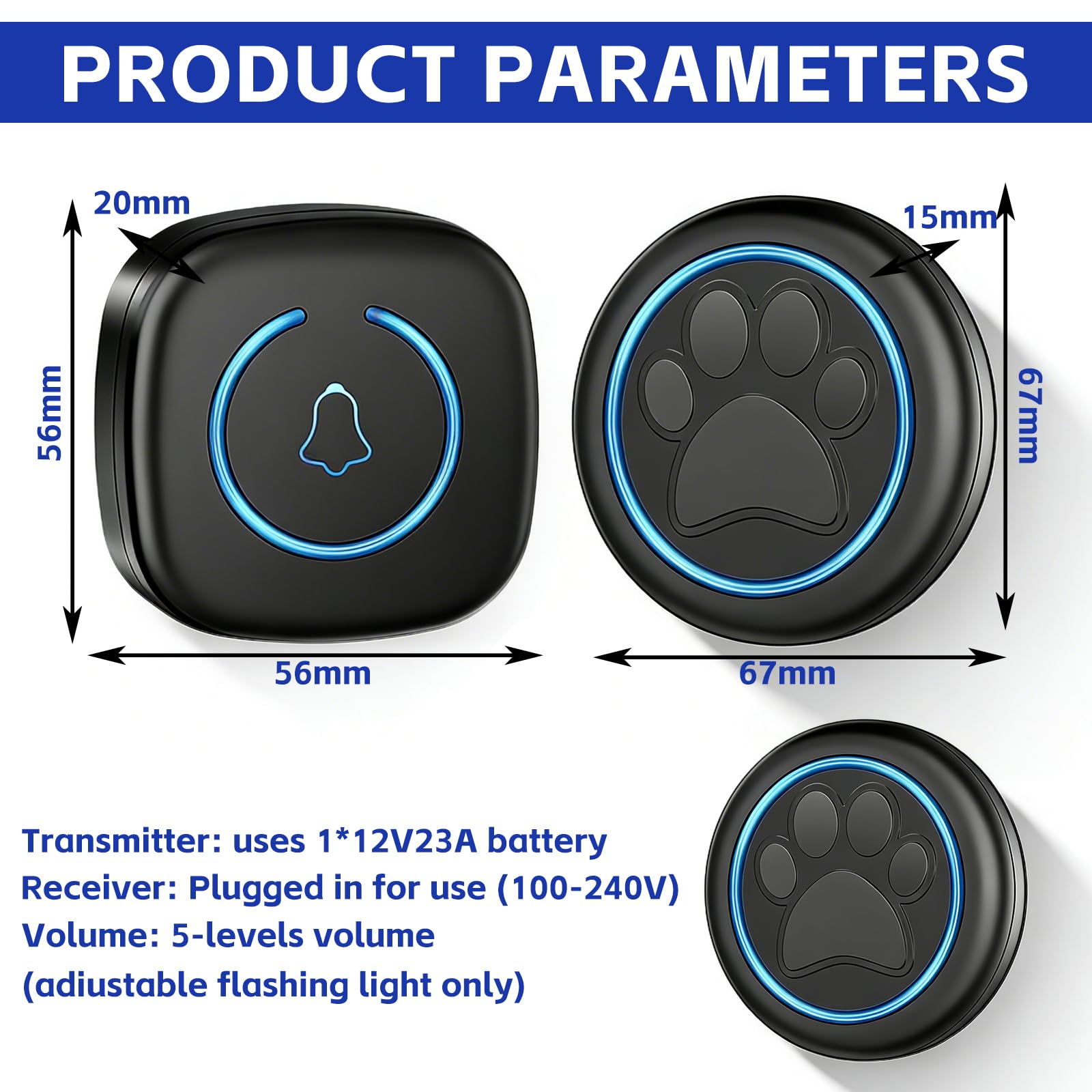 Haustiere Kabellose Trainingsglocken, Kabellose Hund Türklingel, 1 Empfänger 2 Sender Funkreichweite Türklingel, Wasserdicht Elektronischer Türklingel mit Plug-In-Empfängern, Hundeklingel Funkklingel