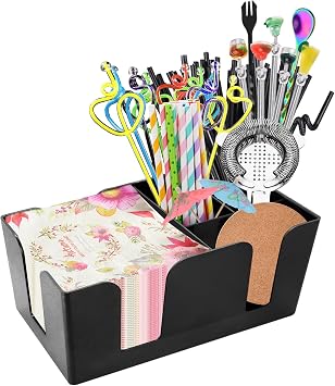 Bar Caddy with 6 Compartments, Plastic Bar Organizer, Heavy Duty Refillable Bar Organizer, Barware Caddy, Napkin Dispenser, Straw Organizer