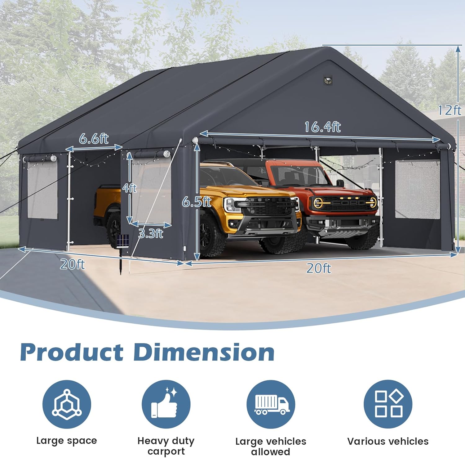 Carport with two vehicles inside, showing dimensions of 20ft x 20ft and 12ft height