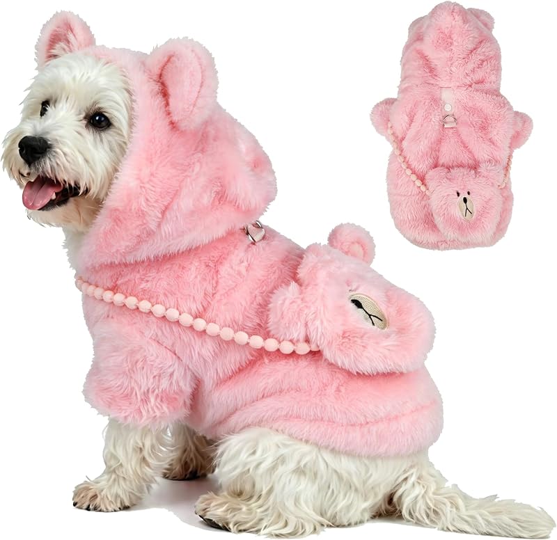 Casaco de Inverno com Capuz para Cães Pequenos, Fleece Acolchoado com Enfeite de Urso floofelove, Tamanho M