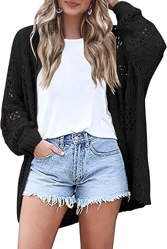 HOTOUCH Lightweight Crochet Cardigan for Women Long Sleeve Open Front Knit Oversized Cardigans Sweaters
