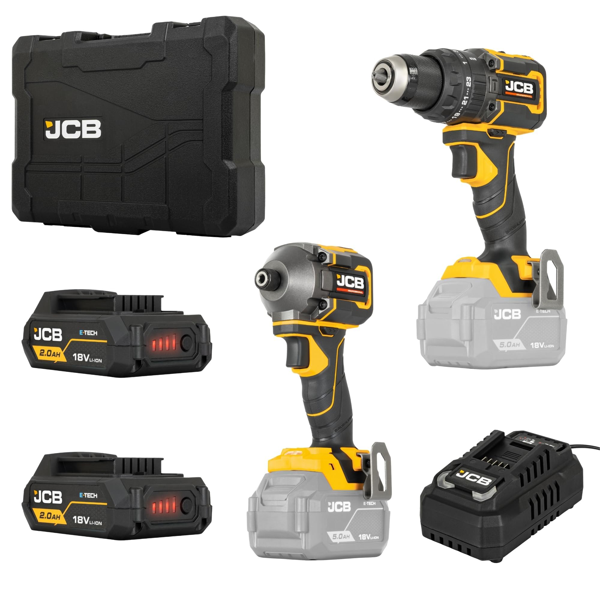 Jcb Pro Cordless 75Nm Combi Drill & 230Nm Impact Driver Set 2 2Ah Batteries Charger & Case 5059608460377