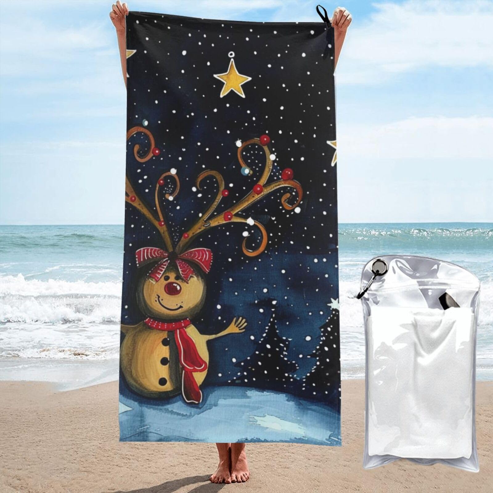 kkvhhyuo Microfiber Beach Towel, Starry christmas Printed Lightweight Quick Dry Travel Bath Sheet with Compact Carry Bag for Swimming Yoga Camping Gym,27.5"x55"