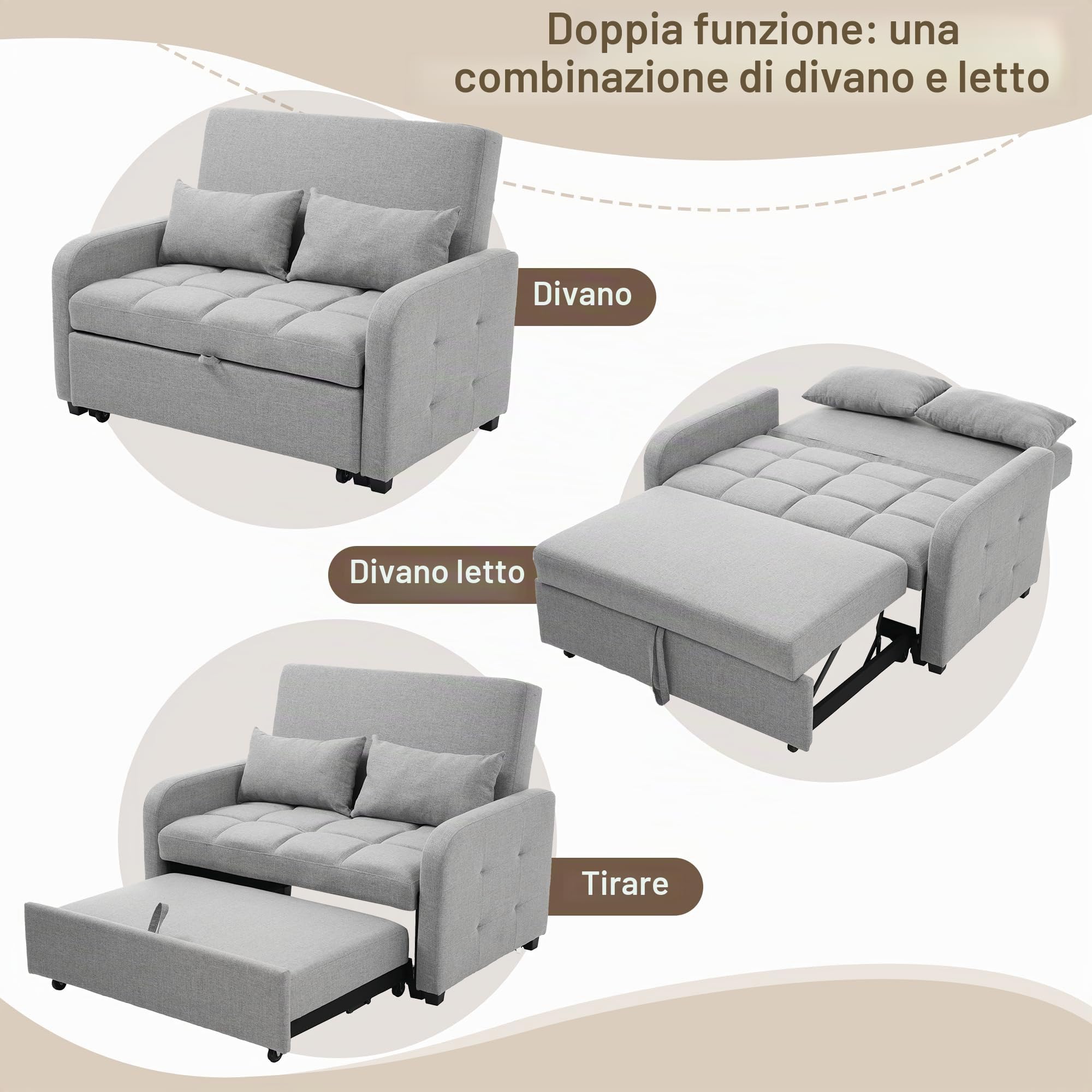 Azkoeesy Divano letto multifunzionale a 2 posti con funzione di sonno e pieghevole, schienale regolabile, ideale per piccoli appartamenti e dormitori, rivestimento in lino (grigio)