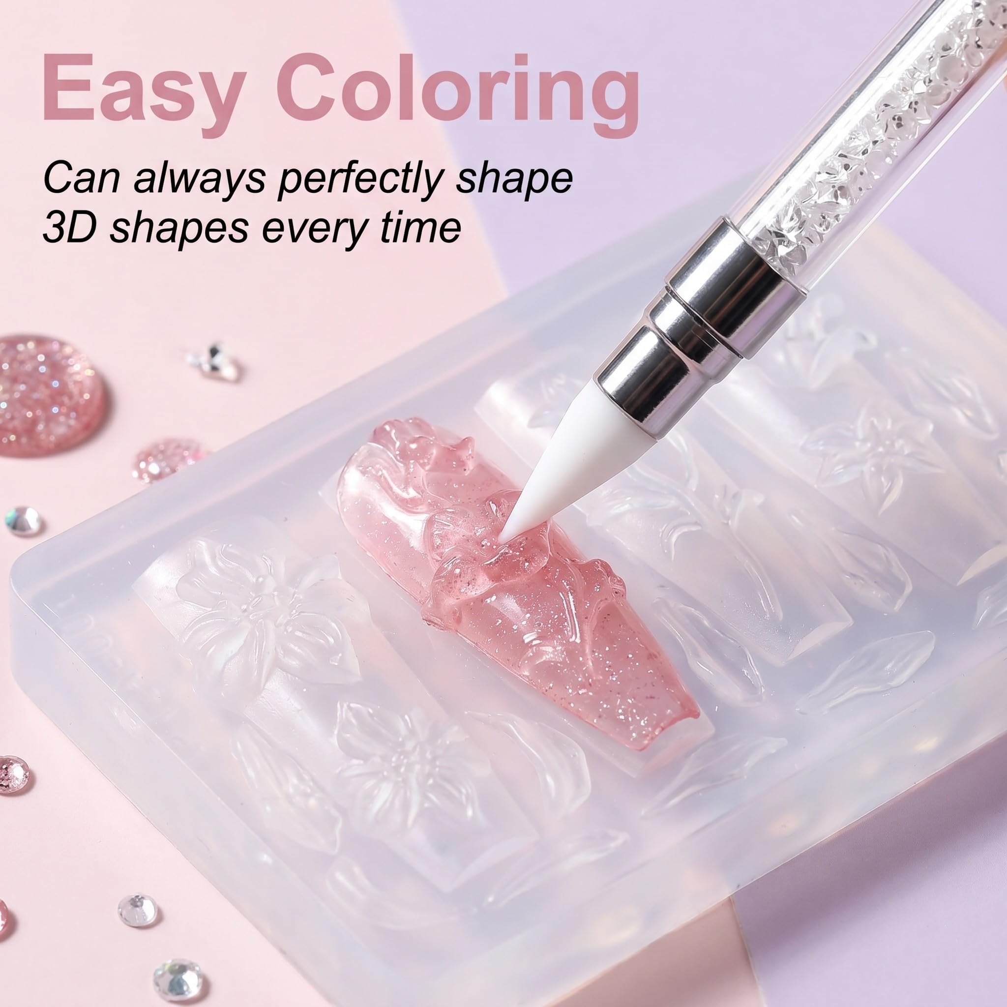 2 Pezzi Stampi per Unghie in Silicone 3D con Penna, Formine per Decorazioni Nail Art a Forma di Fiori e Fiocchi, Stampo Trasparente per Manicure Fai da Te, Accessori Professionali per Unghie
