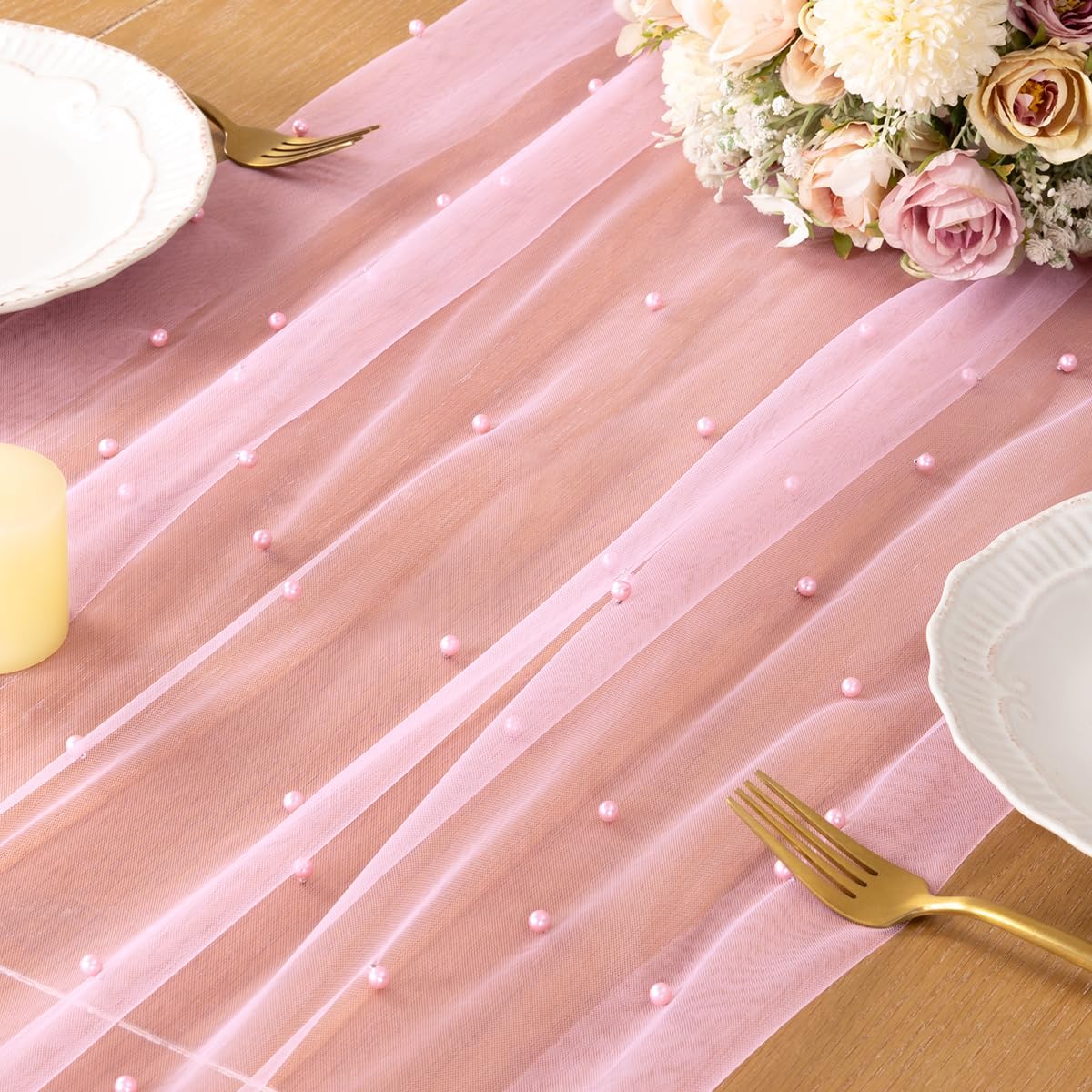 DeZerlor Pearl Pink Gauze Table Runner 120 Inch 10FT, 4 Pack Seasonal Sheer Dining Holiday Wedding Birthday Baby Shower Table Decor for Home Party