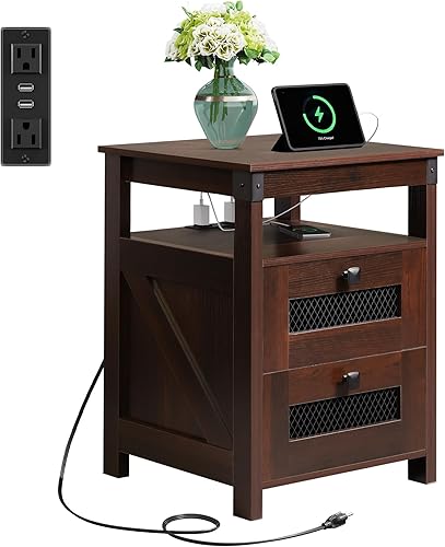 WLIVE Mesita de noche con estación de carga, mesa auxiliar de granja con 2 cajones de almacenamiento y estante abierto, mesitas de noche rústicas de