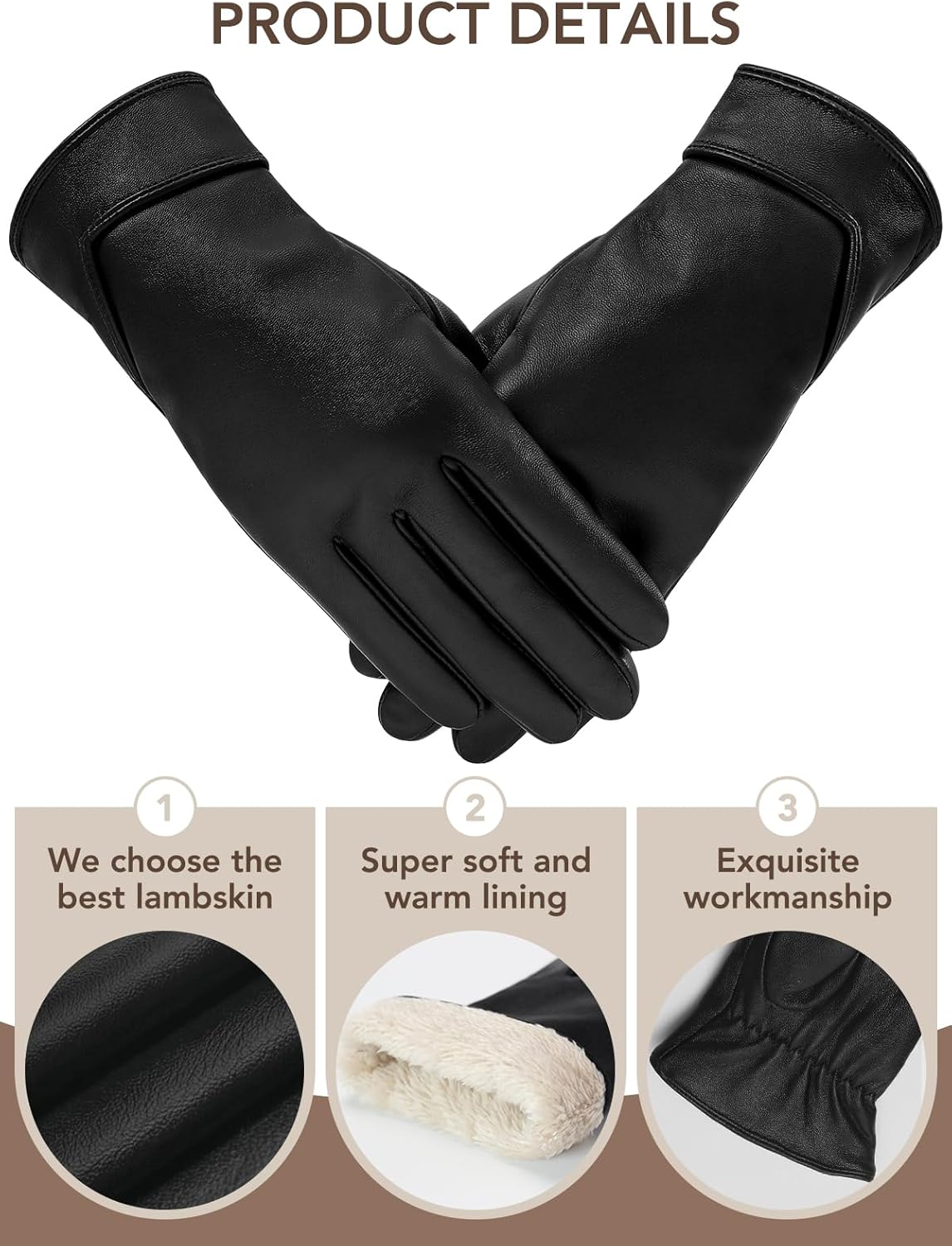 AMVELOP Leather Gloves For Women Winter Warm Cashmere Lining Glove Touch Screen Texting Driving Lambskin Gloves - Image 2