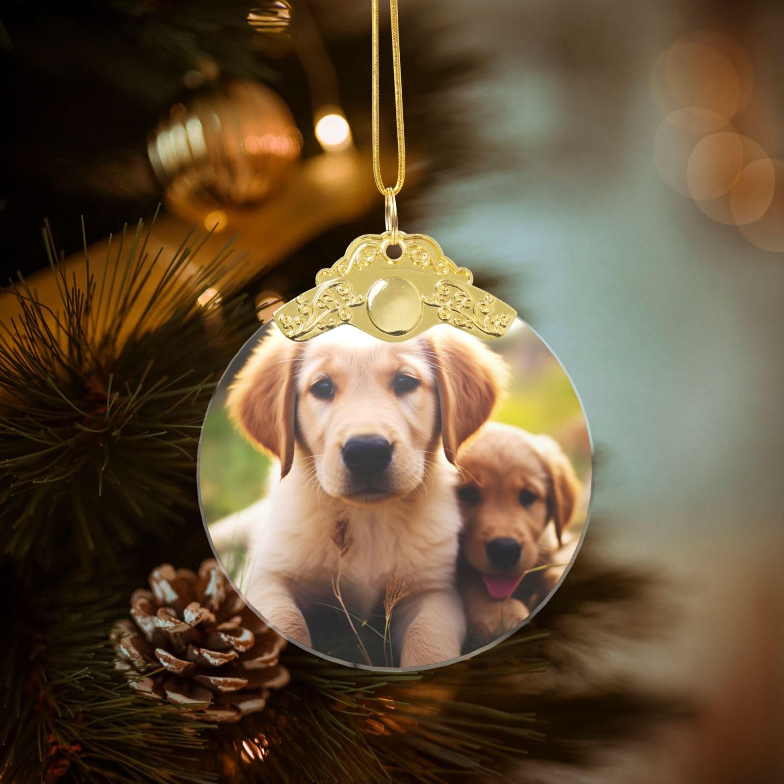 Crystal Christmas Ornaments for Christmas Tree Decoration Hanging Cute Golden Retriever Puppy Ornament with Gold Ribbon Crafts Round Pendant for Keepsake Gifts Glass Xmas Decor Party Supplies