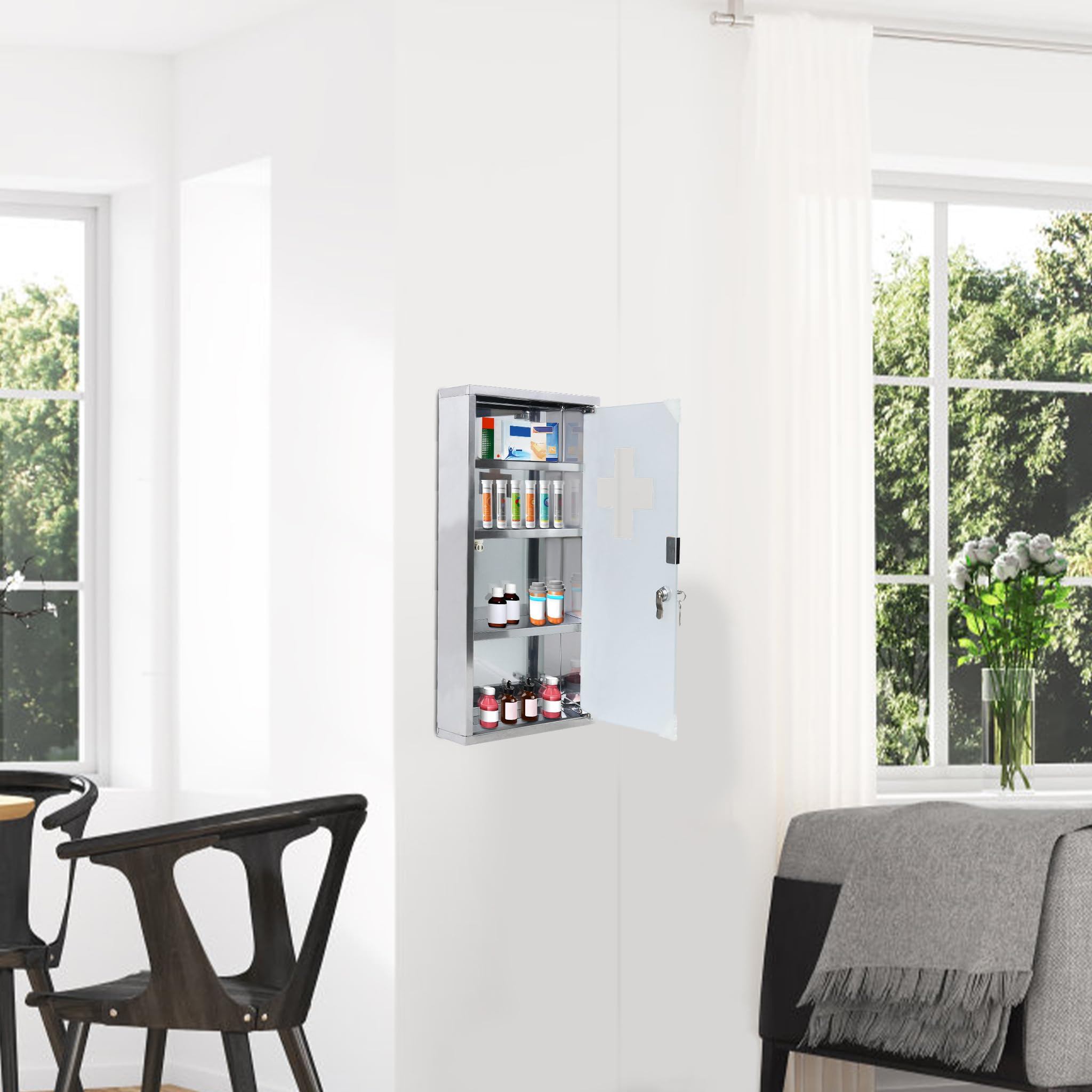 YRHome Armoire à pharmacie en acier inoxydable - 4 compartiments avec porte en verre et serrure verrouillable - 57,5 x 30 x 12 cm