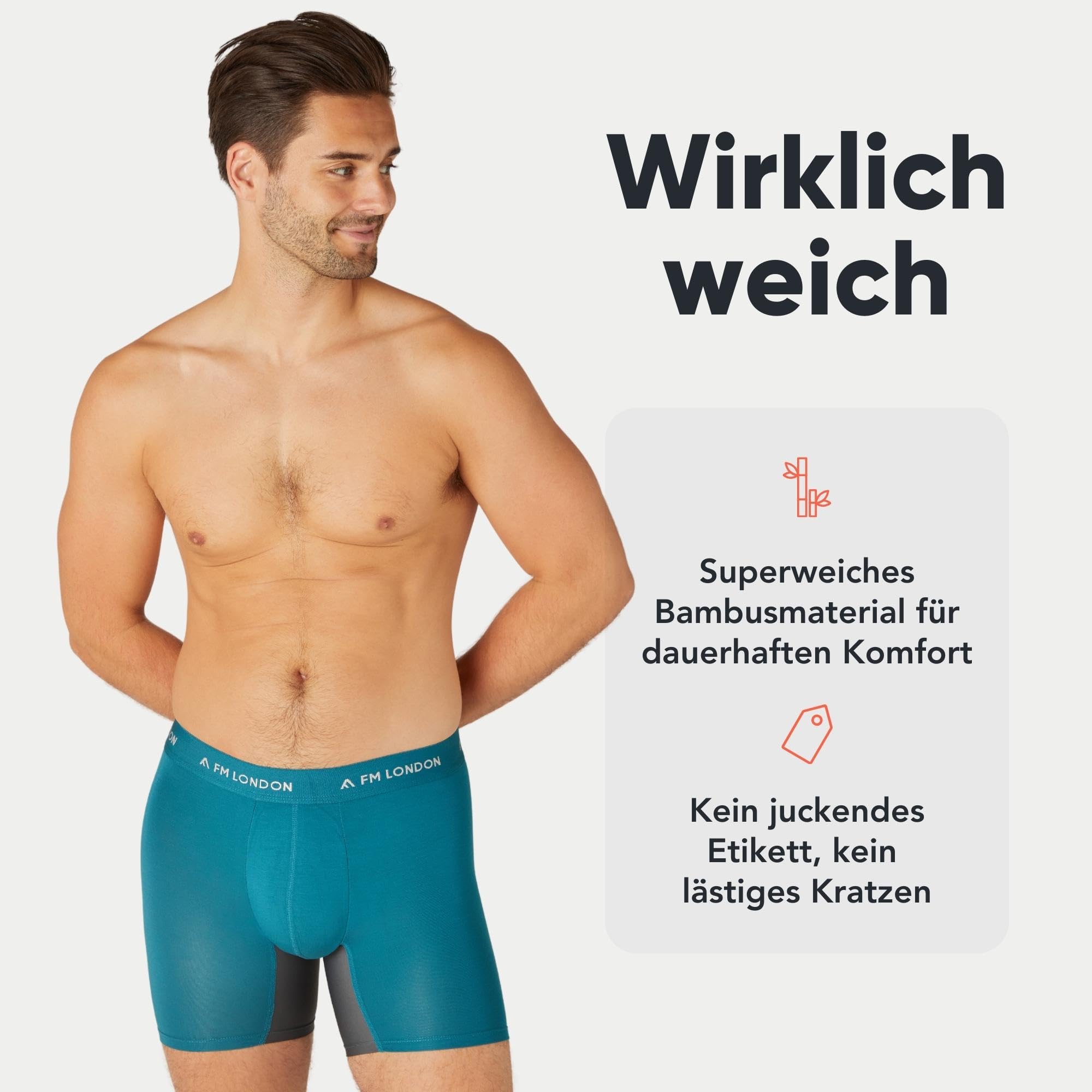 FM London 3er-Pack Bambus-Boxershorts für Herren mit Reibungsschutz – Weiche Unterhosen für Männer mit Langem Bein und Vorgeformtem Schritt – Feuchtigkeitsableitend, Etikettenlos und Atmungsaktiv