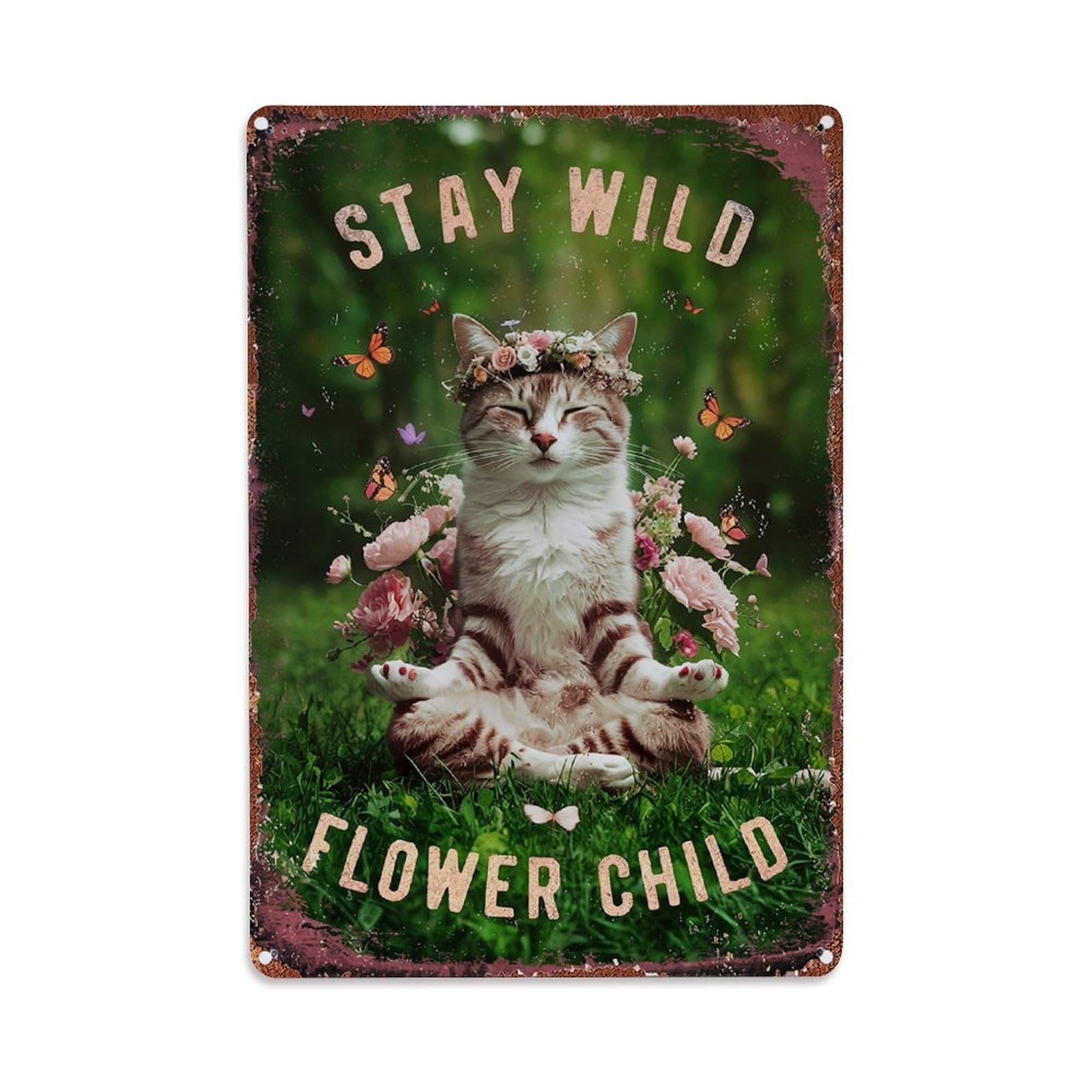 Cat With Flowers And Butterflies Retro Metal Tin Sign, Vintage Decor Art Poster for Bar, Home, Man Cave, Kitchen, Laundry Room Gift 8x12Inch