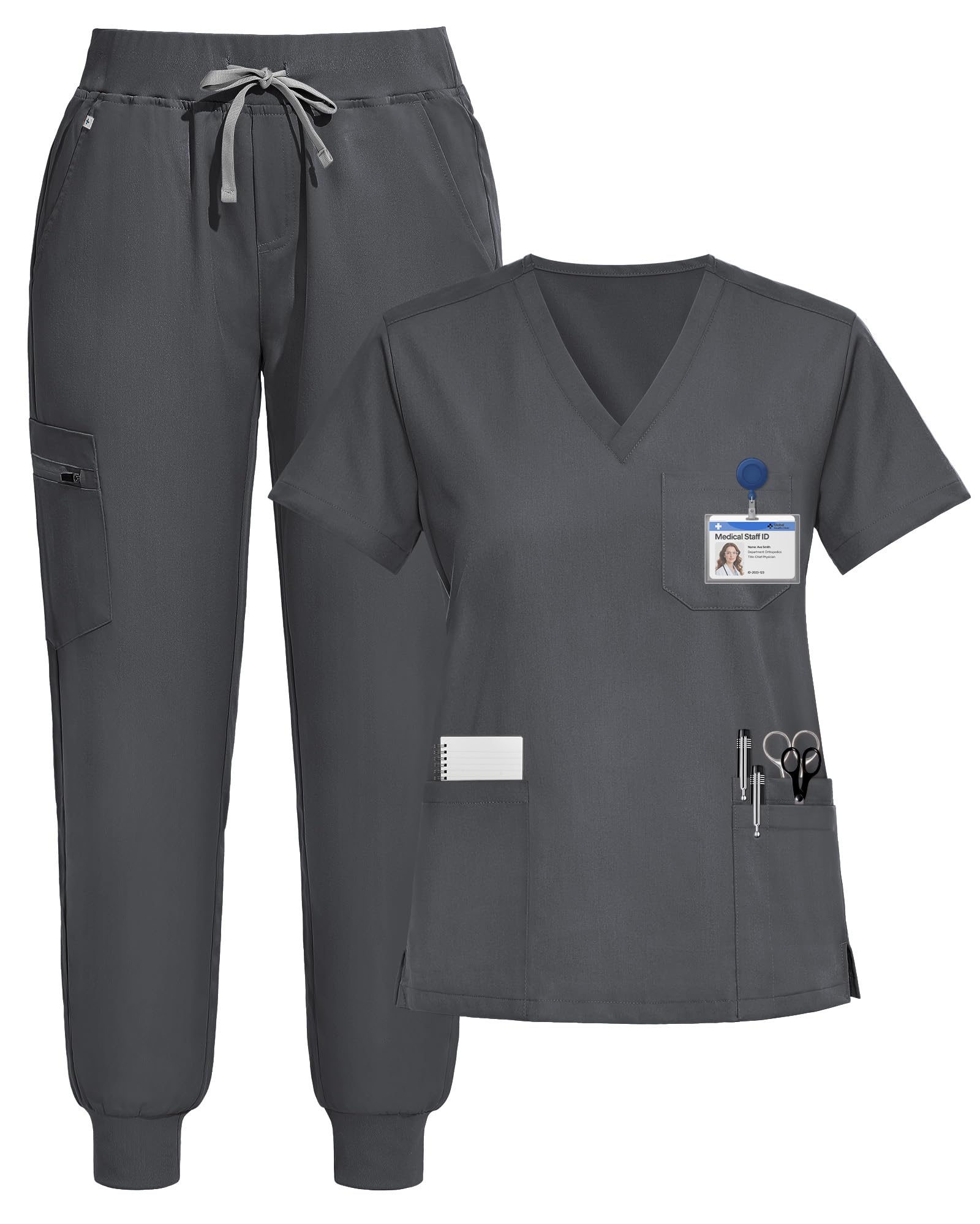 Scrubs for Women Set, V-Neck Jogger Set | With 9 Pockets, Soft Stretch Fabric, Yoga Waistband, Secure Zip Storage, Breathable, Wrinkle-Resistant, Easy Care, Daily Wear