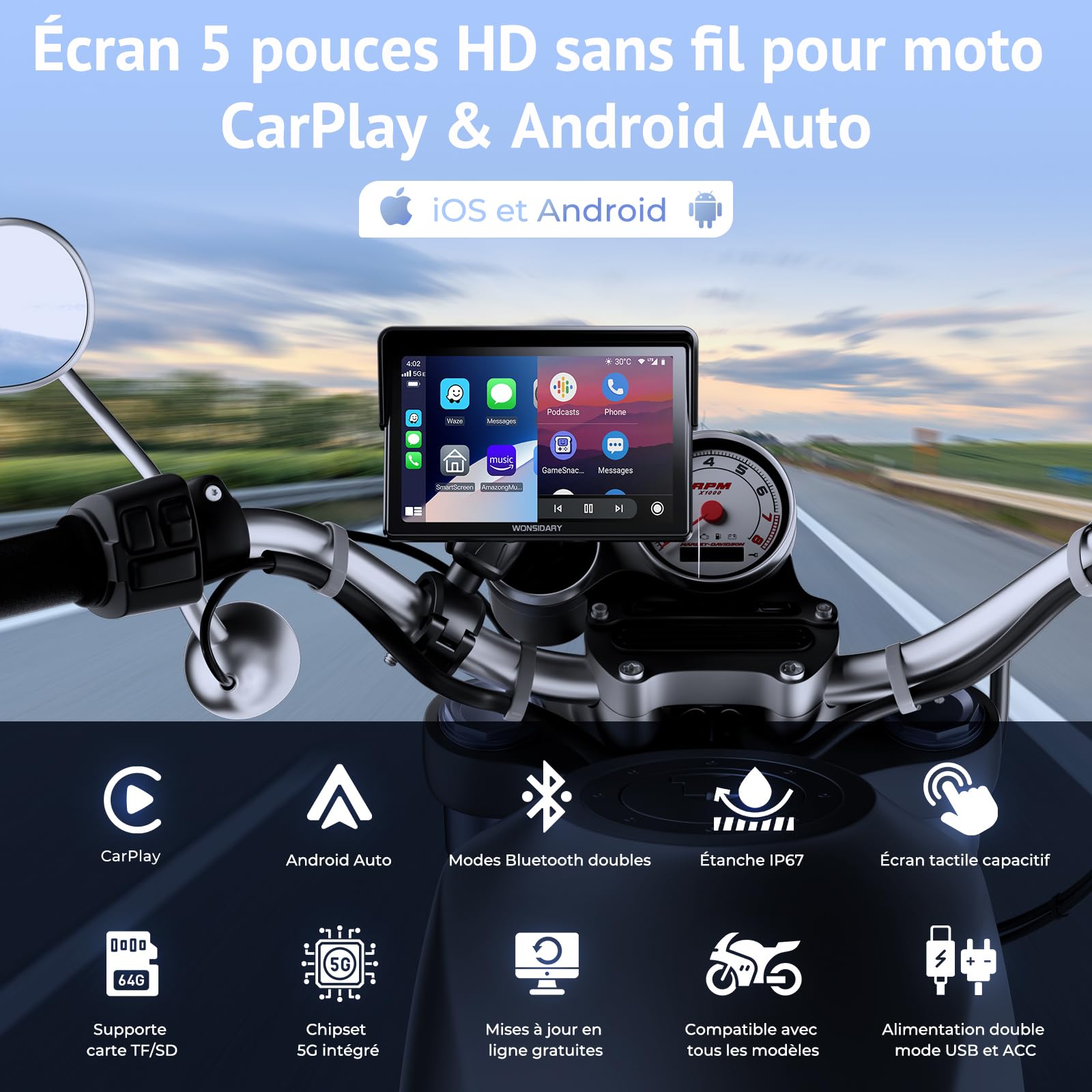 Écran CarPlay Moto sans Fil Compatible avec Apple CarPlay & Android Auto,5 Pouces Écran Tactile Moto Étanche avec Double Bluetooth,Navigation GPS,Commandes Vocales,Égaliseur,Alimentation USB/ACC