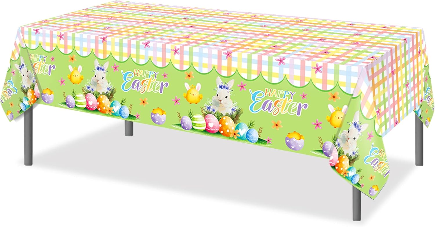 CC HOME 1 Pack Easter Party Plastic Tablecloth Easter Eggs and Bunny 54 x 87 Inch Long Rectangular Table Cover for Buffet, Birthday Party Holiday Dinner, Picnic or Tablecloth for Kitchen Event Use