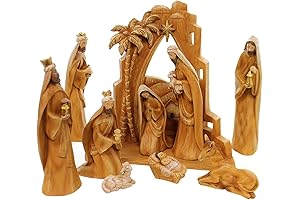 Roman 31378 9pc SET: 12" Carved Nativity with Scene Back Drop in Synthetic Wood Grain