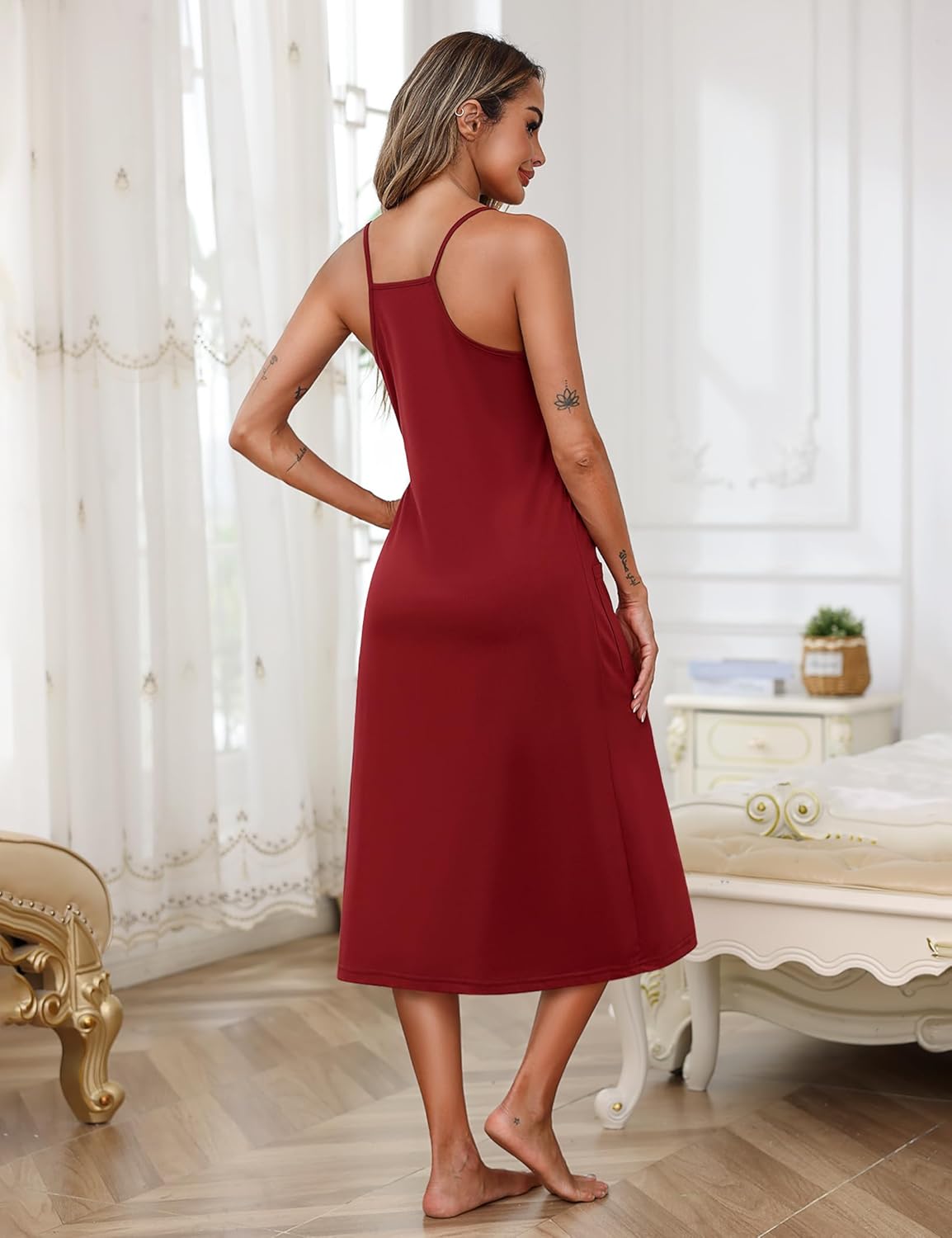 Marvmys Long Cotton Racerback Nightgowns for Women Sleeveless Sleepwear Scoop Neck Chemise Sleep Dress with Pockets - Image 4