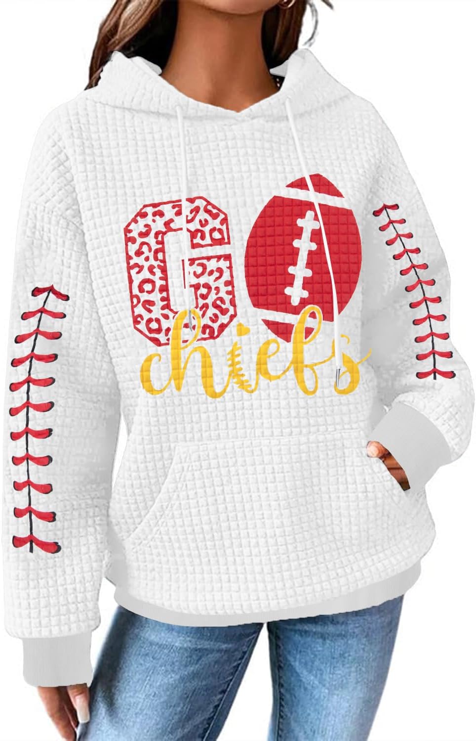 BANGELY Game Day Hoodie Women Football Graphic Sweatshirt Football Team Fan Pullover Football Season Waffle Knit Weekend Tops