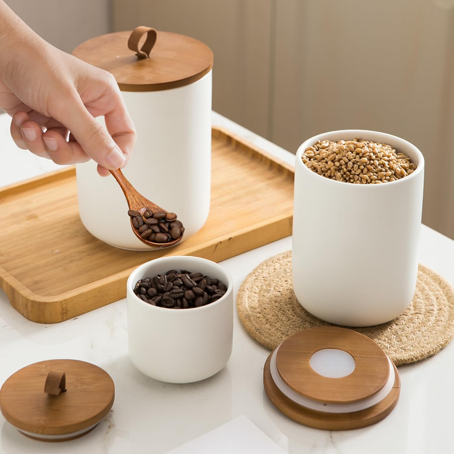 White Ceramic Canister Set with Wooden Lid, 3-Piece Food Storage Jars for Kitchen Counter, Storage Container for Coffee, Tea, Spice, Sugar, Grains, Salt