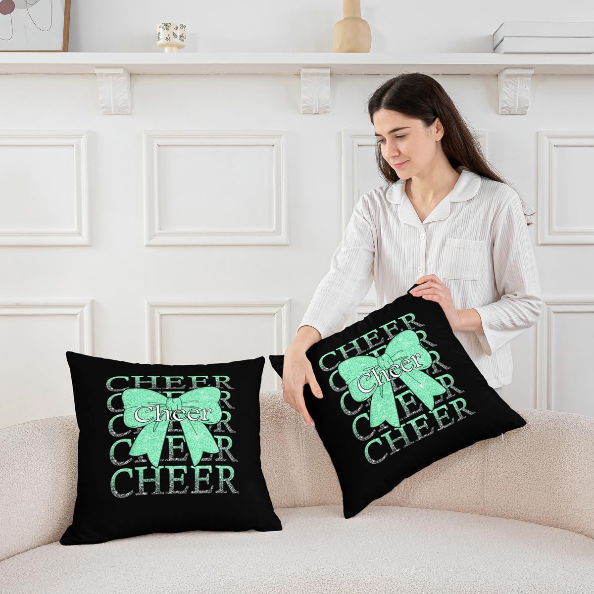 Feelyou Cheer Bow Throw Pillow Covers 1 Pcs Cheerleading Decorative Pillowcase Funny Sport Cushion Covers for Sofa Couch Bed Green Cushion Case Home Decor 24 x 24-Inch