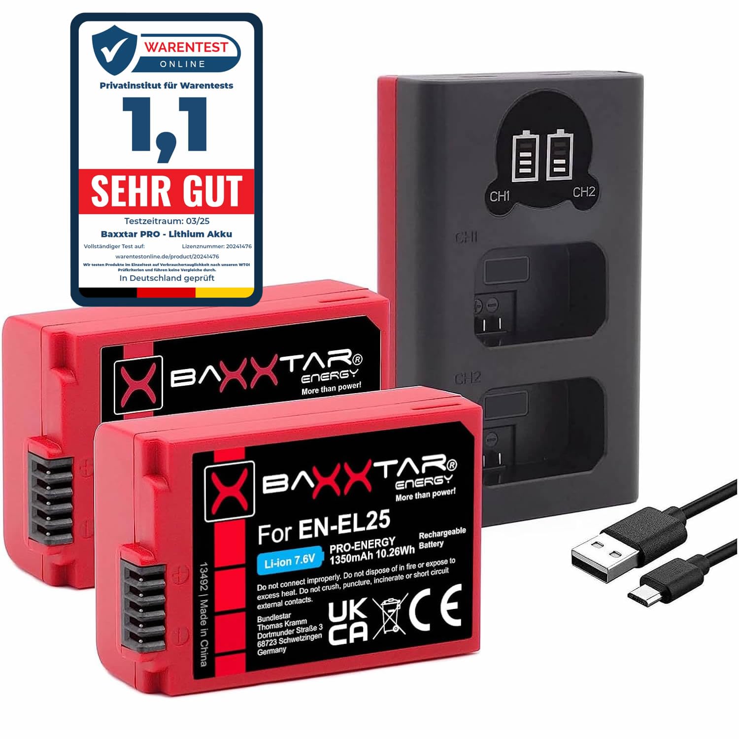 Baxxtar Set 2X EN-EL25 1350mAh + Caricabatterie 19112 USB-C Dual LCD | Compatibile con Nikon EN-EL25a, Z30, Z50 II, Z50II, Z FC, ZFC, con cavo USB