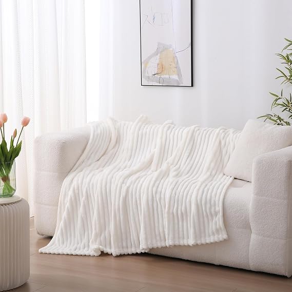 Cream White Fleece Throw Blanket 50”×60” for Couch Sofa Bed,Super Soft Cozy Plush Microfiber Flannel Blanket with Stripes Design Lightweight for Adults,Woman,Girls